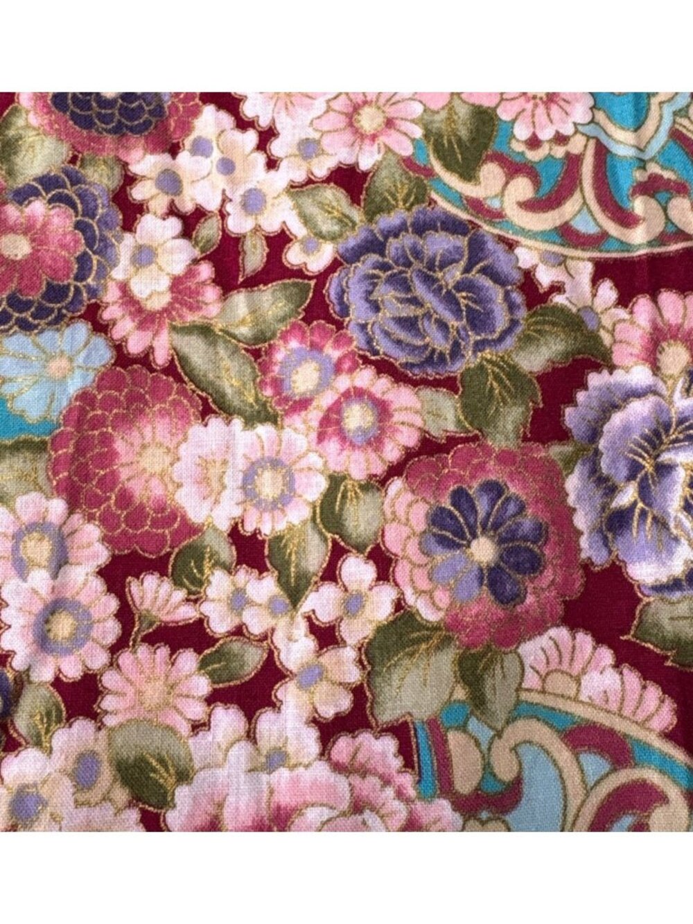 Floral Cotton Fabric 16x43” Burgundy Purple Pink Gold Metallic Accents Quilting